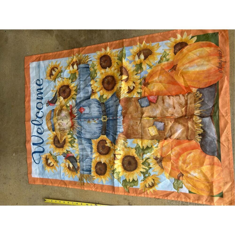 Kathy Hatch Scarecrow Sunflowers Fall‎ Garden Flag 39"x28"